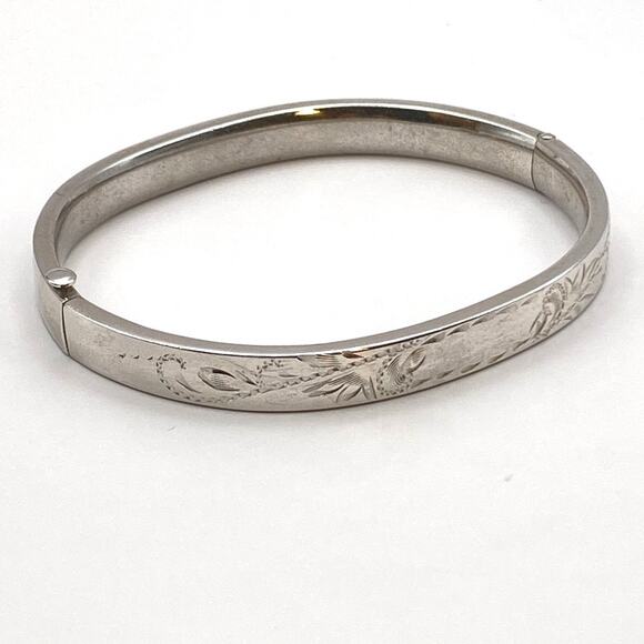 Vintage CARL ART Sterling Silver Etched Engraved Leaves Bangle Bracelet 7" - Picture 2 of 10